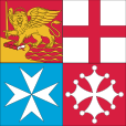 Left: Flag of the modern Italian Navy, displaying the coat of arms of Venice, Genoa, Pisa and Amalfi, the most prominent maritime republics.Right: Trade routes and colonies of the Genoese (red) and Venetian (green) empires.