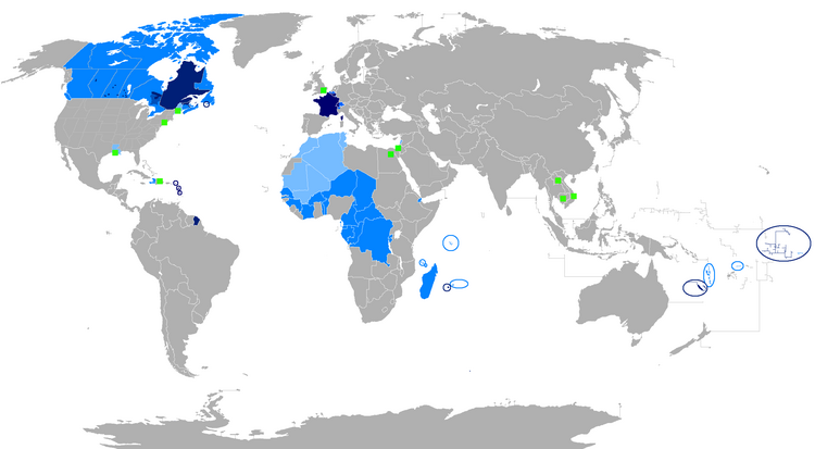 El francès al món: Blau fosc: llengua materna; Blau: llenguatge administratiu; Blau clar: llengua de cultura; Verd: minories en francès