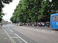 Large queues forming at the shuttle bus stop in Church Litten, Newport, Isle of Wight for the Isle of Wight Festival 2010 on Friday. Queues actually stretch right around the park.