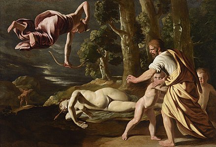 La Mort de Chioné par Nicolas Poussin (vers 1622), musée des beaux-arts de Lyon. Chioné est tuée par Diane et son arc.