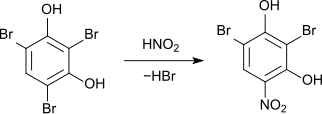 Nitration of 2,4,6-tribromoresorcinol with nitrous acid to give 2,6-dibromo-4-nitroresorcinol