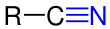 Allgemeine Formel eines Nitrils: das charakteristische dreifach gebundene Stickstoffatom ist blau markiert. Der Rest R ist ein Organyl-Rest (Alkyl-Rest, Aryl-Rest, Alkylaryl-Rest etc.) oder – seltener – ein Acyl-Rest.