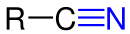 Allgemeine Formel eines Nitrils: das charakteristische dreifach gebundene Stickstoffatom ist blau markiert. Der Rest R ist ein Organyl-Rest (Alkyl-Rest, Aryl-Rest, Alkylaryl-Rest etc.) oder – seltener – ein Acyl-Rest.