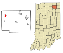 Noble County Indiana Incorporated and Unincorporated areas Ligonier Highlighted.svg