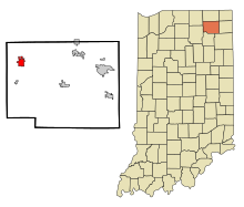 Noble County Indiana Zonele încorporate și necorporate Ligonier Highlighted.svg