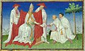 1271년 12월 25일, 쿠빌라이 칸의 비공식 외교 사절단 공동대표로써 그레고리오 로마 교황(당시 나이 61세)에게 정식으로 의례식을 갖추는 니콜로 폴로(당시 41세)와 그의 이복 남동생 마페오 폴로(당시 19세).