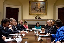 U.S. President Barack Obama meets BP executives in the Roosevelt Room of the White House, June 16, 2010. Pictured, from left, are BP CEO Tony Hayward, BP Chairman Carl-Henric Svanberg, BP General Counsel Rupert Bondy, BP Managing Director Robert Dudley, Senior Advisor Valerie Jarrett, Labor Secretary Hilda Solis, Attorney General Eric Holder, Vice President Joe Biden, President Obama, and Homeland Security Secretary Janet Napolitano. Obama-hayward.jpg