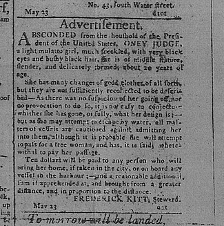 1796 Runaway advertisement for Oney Judge, a slave from George Washington's presidential household in Philadelphia Oney Judge Runaway Ad.jpg