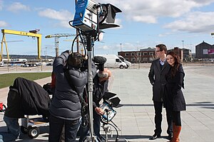 Co-hosts Ziya Tong and Dan Riskin on location in Northern Ireland during the opening of Titanic Belfast, April 2012 Opening Day, Titanic Belfast, 31 March 2012 (68).JPG