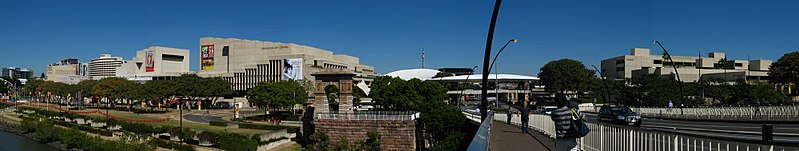 Panorama of the Queensland Cultural Centre - with the Queensland Performing Arts Centre (left) and the Queensland Art Gallery (right), and the Cultural Centre Busway Station, located in Melbourne Street between the two buildings Panoramasouthbank.jpg