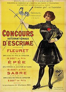 ملصق لأحداث المبارزة في دورة الألعاب الأولمبية الصيفية لعام 1900، وهي الأولى التي تنافست فيها النساء.