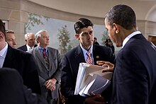 Ryan with President Obama during a bipartisan meeting on health insurance reform, February 25, 2010 Paul Ryan with Barack Obama 02-25-10.jpg