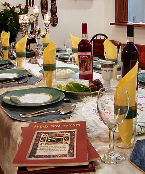 A table set up for a Passover Seder