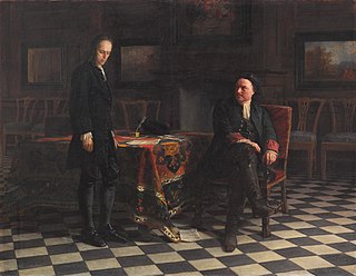 <i>Peter the Great Interrogating the Tsarevich Alexei Petrovich at Peterhof</i> Painting by Russian painter Nikolai Ge