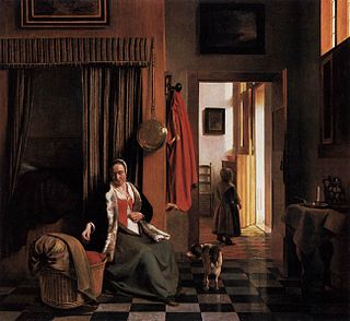 <i>Woman Lacing Her Bodice Beside a Cradle</i> Painting by Pieter de Hooch