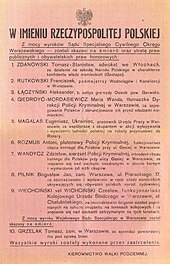 Polish resistance poster announcing the execution of several Polish and Ukrainian collaborators and blackmailers (szmalcowniks), September 1943 Plakat Kierownictwa Walki Podziemnej informujacy o wykonanych wyrokach smierci wrzesien 1943.jpg