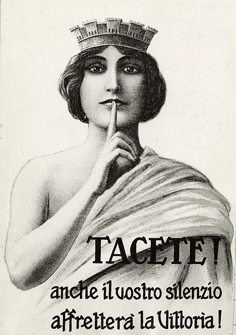 File:Poster con disegno di donna, scritta- Tacete Anche il vostro silenzio  affretterà la Vittoria.jpg - Wikipedia