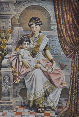 El príncipe Siddhartha con su tía materna, la reina Mahaprajapati Gotami.JPG