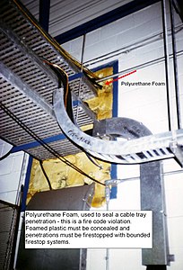 Polyurethane foam used to fill a cable tray penetration; at Browns Ferry Nuclear Power Plant, this seal resulted in significant fire damage.