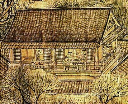 Detaj i një shtëpie çaji me çati trekëndore, që duket se ndodhet në katin e sipërm të një ndërtese shumë-katëshe edhe pse nuk shfaqet e gjitha, nga piktura Përgjatë Lumit Gjatë Festivalit Qingming e Zhang Zeduan-it (1085–1145).
