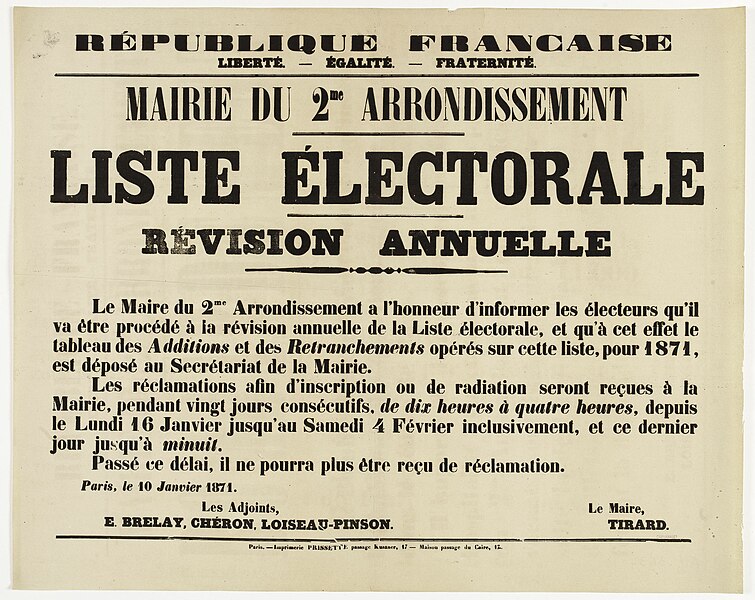 File:REPUBLIQUE FRANCAISE LIBERTE.- EGALITE.- FRATERNITE. MAIRIE DU 2me ARRONDISSEMENT LISTE ELECTORALE REVISION ANNUELLE, AFF3634.jpg