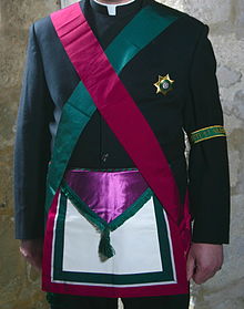 The regalia of the Royal Order of Scotland, as worn by a Chaplain of the Order. ROS-regalia.jpeg