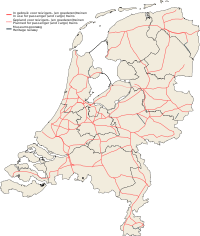 Railway tracks for public transport in the Netherlands Railroads Netherlands 2011.svg