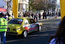 Start line of a special stage, the end of the start line zone is marked by a board Rali de Castelo Branco 2017 DSC 5297 (32564588084).jpg