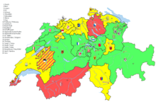 Breed-specific legislation in Switzerland, May 2012. Red: Breed-specific legislation enacted, breeds on the list are banned. Yellow: BSL enacted, breeds on the list are subject to authorization. Red/yellow: BSL enacted, some of the breeds on the list are banned. Green: no BSL Rasselisten Schweiz.png