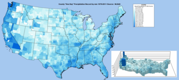 Record one day precipitation by county between 1979 and 2011. Record 1 day precipitation by USA county 1979 - 2011.png