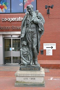 Robert Owen statue outside the Co-operative Bank Headquarters in Manchester Robert Owen Statue, Balloon Street, Manchester.jpg