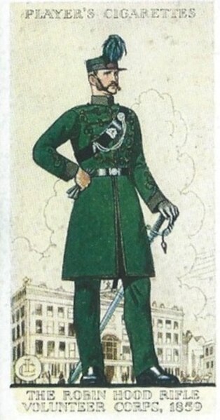 Uniform of the Robin Hood Rifles depicted on a 1939 cigarette card
