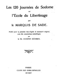 Sade - Les 120 Journées de Sodome, éd. Dühren, 1904 (page 6 crop).jpg
