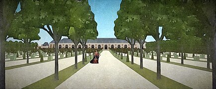 Schéma de la vue sur l'Orangerie de Saint-Mandé en 1661, depuis les arbres au bout du parterre.