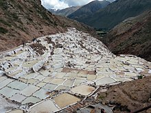 Ponds near Maras, Peru, fed from a mineral spring and used for salt production since pre-Inca times Salinas de Maras, Peru-20Sept2013.jpg