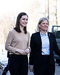 Magdalena Andersson träffar Finlands statsminister Sanna Marin den 5 mars 2022 i Helsingfors, Finland.