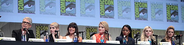 Scream Queens cast at 2015 San Diego Comic-Con. L–R: Jamie Lee Curtis, Emma Roberts, Lea Michele, Skyler Samuels, Keke Palmer, Abigail Breslin, Billie