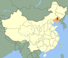Landakort sem sýnir legu Shenyang borgar í Liaoning héraði í norðausturhluta Kína.
