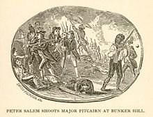 Peter Salem shooting Major John Pitcairn at the battle of Bunker Hill Soldiers Bunker Hill.jpg