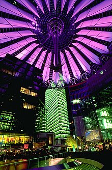 Berlin's Sony Center, opened in 2000, has been described as having a cyberpunk aesthetic. SonyCenterAtNight.jpg