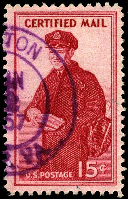 United States 15c certified mail stamp of 1955, postman, Scott catalog FA1. No further stamps were issued in this category.