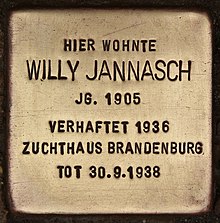 Goldfarbener, quadratischer Stolperstein. Aufschrift in Großbuchstaben: Hier wohnte Willy Jannasch Jg. 1905 Verhaftet 1936 Zuchthaus Brandenburg Tot 30.9.1938
