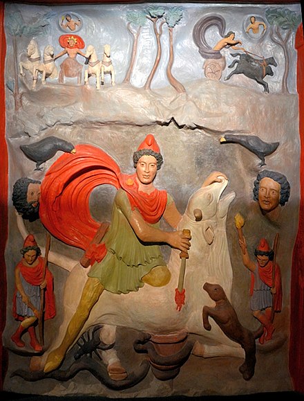 Mithraic relief with original colors (reconstitution), c. 140 CE–160 CE; from Argentoratum. Strasbourg Archaeological Museum.