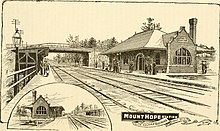 Mount Hope station in an 1889 advertisement for the Old Colony Railroad Suburban homes on the "Old Colony." A directory for those who seek a suburban residence (1889) (14574718967).jpg