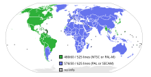 SDTV resolution by nation; due to historical reasons, different countries use either 480i or 576i as the standard-definition picture format TV-line-count-world.svg