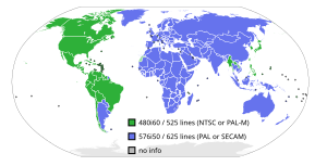 Analog TV standard by nation; countries using 525-line are in green. TV-line-count-world.svg