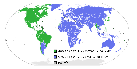 SDTV resolution by nation; countries using 576i are in blue. TV-line-count-world.svg
