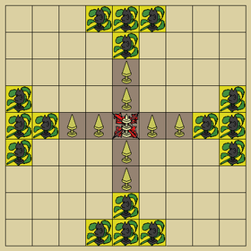 Tablut starting position: lighter "Swedes" start in centre; darker "Muscovites" start at the board's edges. Based on Linnaeus' sketches reproduced in Smith (1811). Tablut board pieces.png