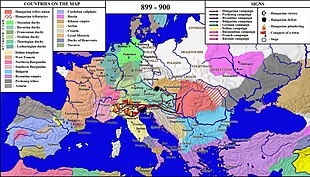 The Hungarian campaign in Italy, with the Battle of Brenta, then the campaign which resulted the capture of Dunantul. The Hungarian campaigns of 899-900 in Italy and Germany.jpg