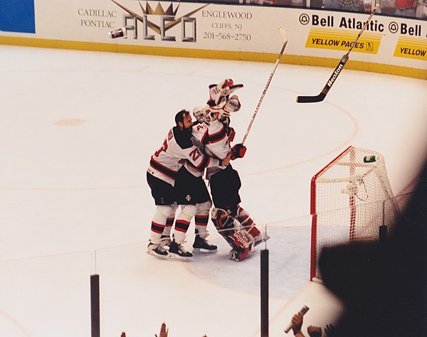 The Devils celebrate moments after defeating the Detroit Red Wings in the 1995 Stanley Cup Finals. The victory brought the club its first Stanley Cup.